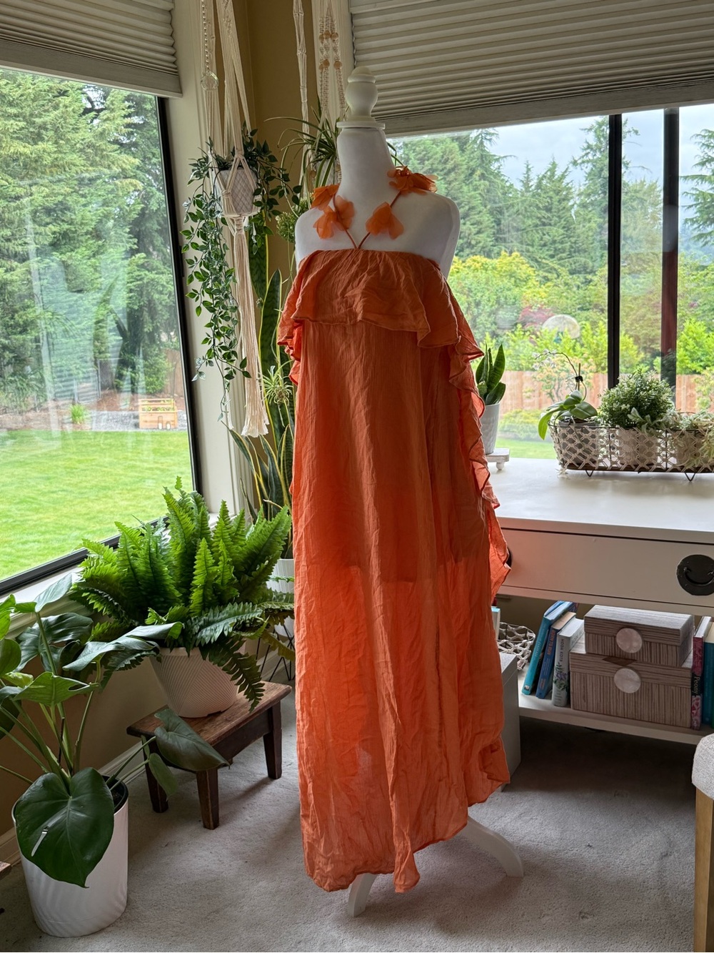 Orange Strapless Ruffle Maxi Dress